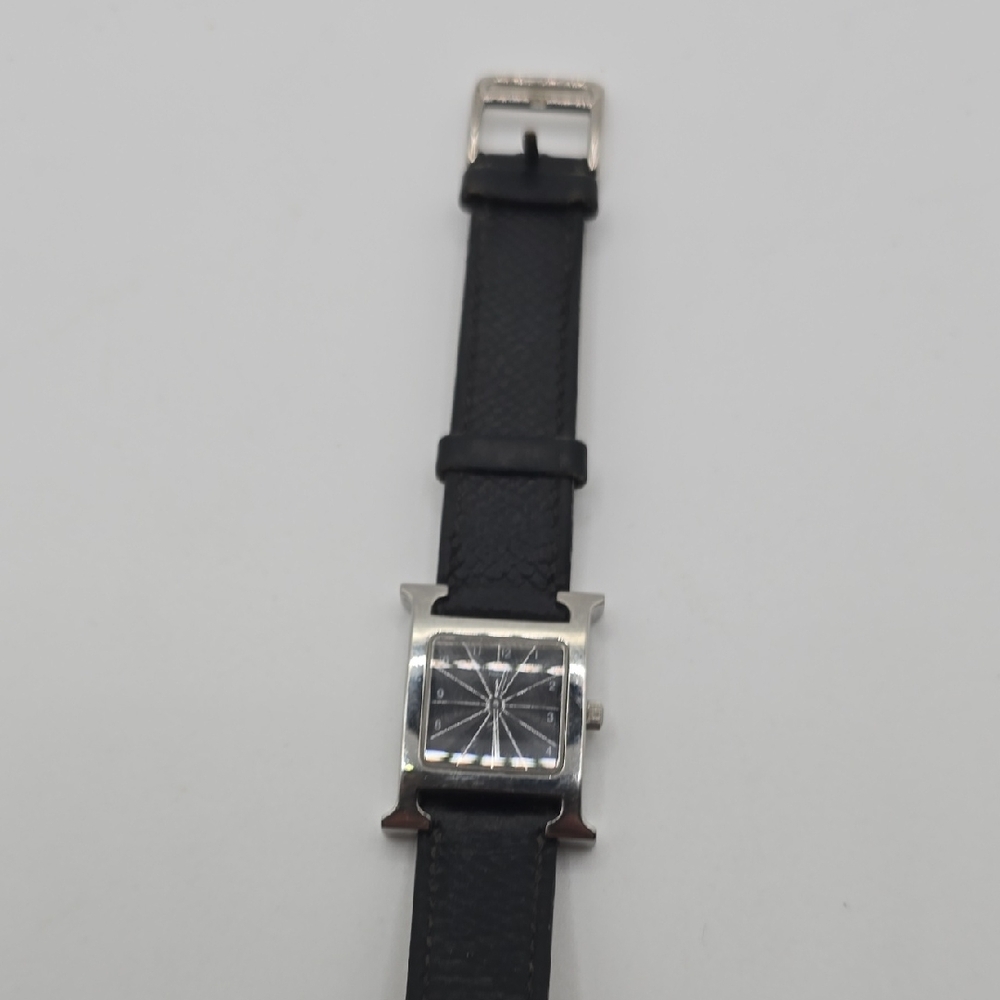 Hermes Black Leather Strap Silver-Tone Case Watch - Picture 6 of 14